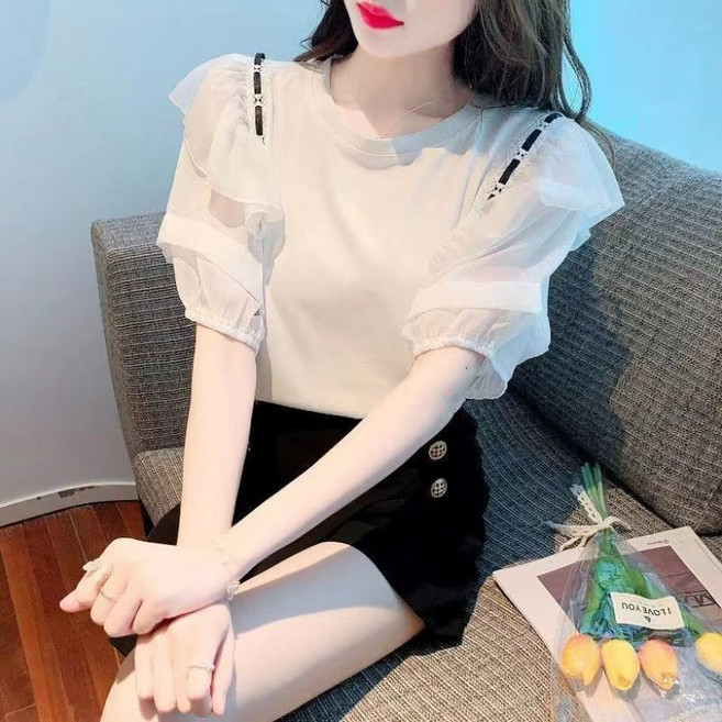 PEROLA 여성 봄 여름 라운드 솔리드 반팔 티 망사 패치 퍼프 소매 티셔츠
