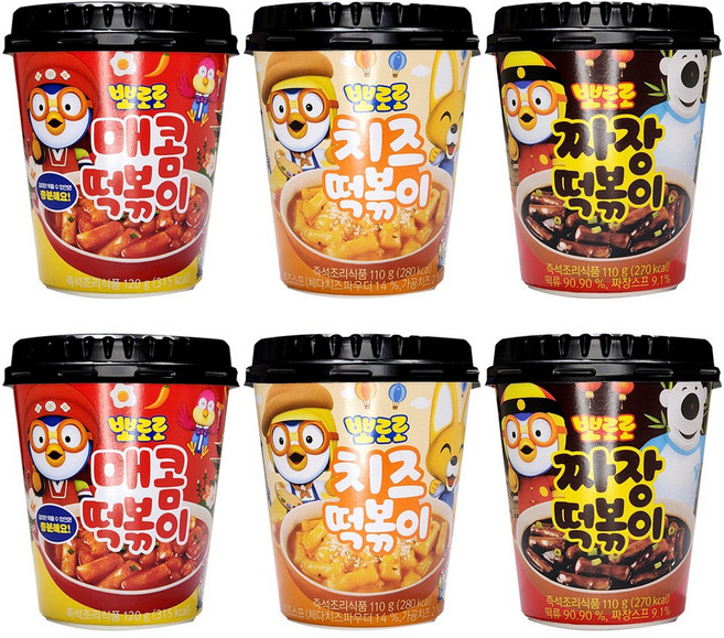 뽀로로 렌지용 컵 떡볶이 매콤2+치즈2+짜장2, 1세트, 680g