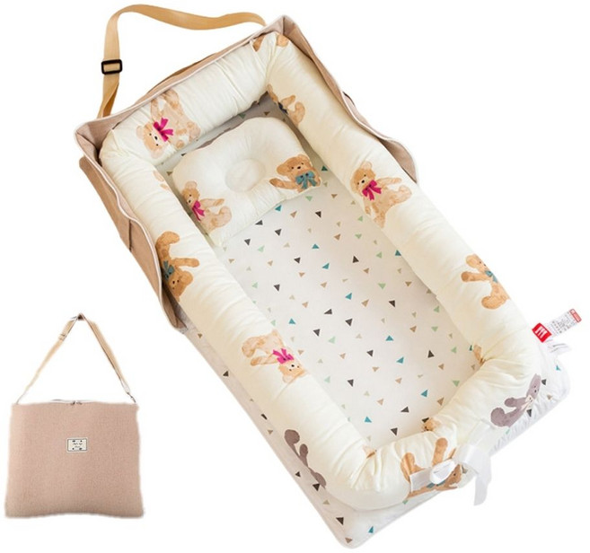 伊淶溫背包款嬰兒床中床：內外可拆洗便攜式防壓嬰兒睡窩、子宮仿生旅行床, 玩具小熊(床+枕), 玩具小熊
