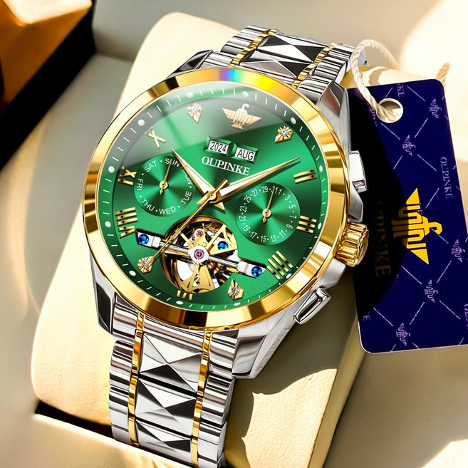 OUPINKE 남성 시계 정품 자동 기계식 오토매틱 럭셔리 명품 워터프루프 야광 일력 요일 메탈 다기능