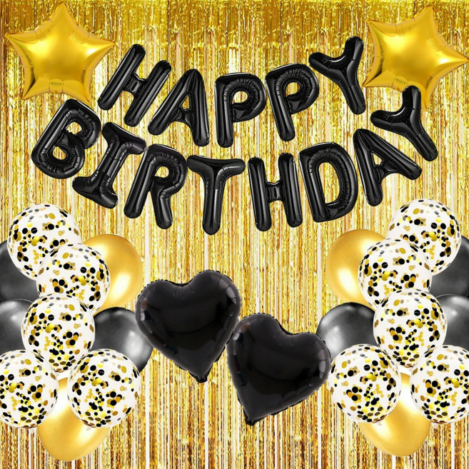쏙쏙마켓 생일파티 풍선세트 홈파티 축하 이벤트 파티용품 풀세트, 골드블랙 생일풍선세트