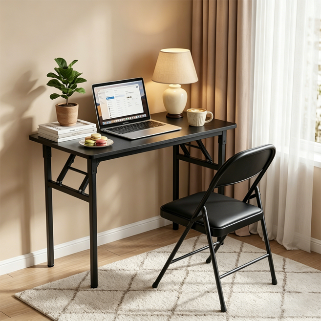 접이식 책상 의자 포함 다용도 학생 컴퓨터 게이밍 테이블 거실 서재 공부 탁자 세트, 블랙