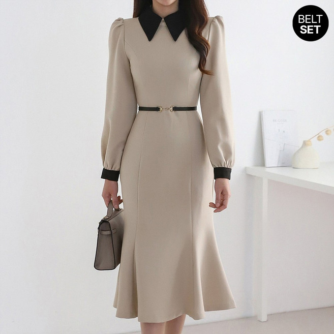 [55-66]배색포인트 벨티드 머메이드 원피스_M2602OP009A