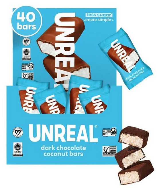 UNREAL 다크 초콜릿 코코넛 바 (미니 바 40개) | 비건 설탕 3g 및 간단한 성분 3개 | GMO 프리 글루텐 프리 및 공정 무역 | 각 1.5kg(0.53온스), 1, 1.5kg