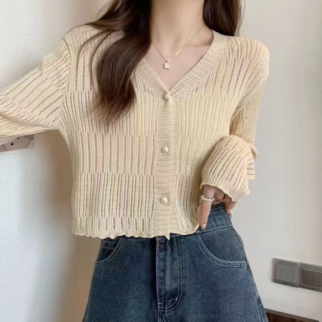 COSYEVNO 여성 봄가을 슬림핏 크롭 니트 가디건 긴팔 프릴 밑단 BCXzzs-9