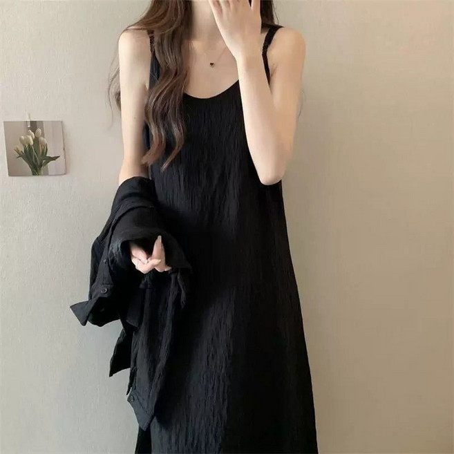 夏季寬鬆無袖褶皺氣質純色吊帶連身長裙, XL 60-70公斤