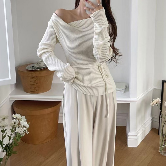 예쁨시전 봄가을겨울 청순 언발 브이넥 오프숄더 스트랩 긴팔 골지 니트