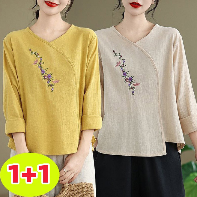 swygsqql 1+1 봄여름 여성용 면마 자수 브이넥 긴팔 여성 티셔츠 개량한복 린넨 셔츠 상의