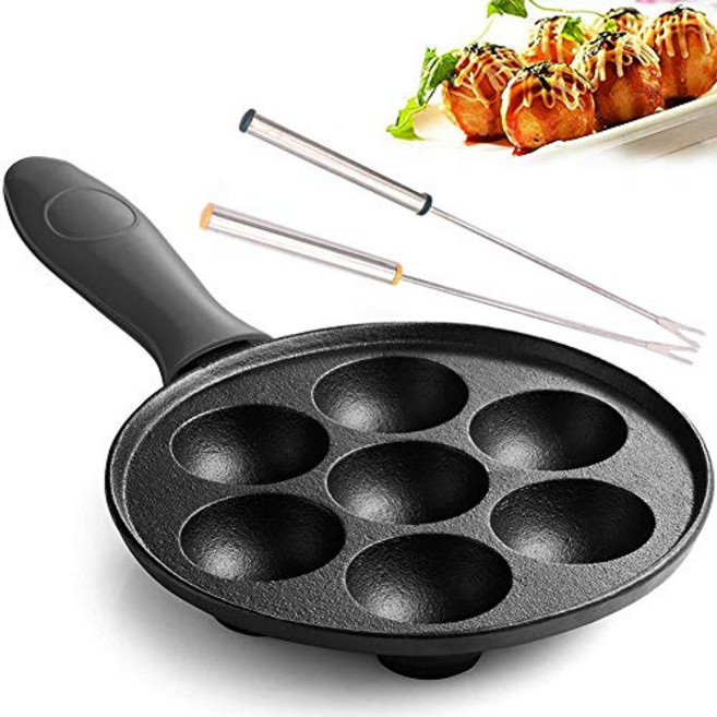 SHLIA 덴마크 박제 팬케이크 볼을 위한 사전 양념된 주철 Aebleskiver 팬 타코야키 메이커/Appam 메이커(무료 2PCS 타코야키 스틱 및 1PCS 실리콘 손잡이 포함), 1개