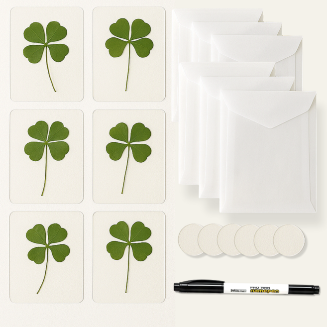로지데코 네잎클로버 코팅 카드 6p + 트레이싱봉투 6p + 원형 투명 봉투스티커6p, 1세트