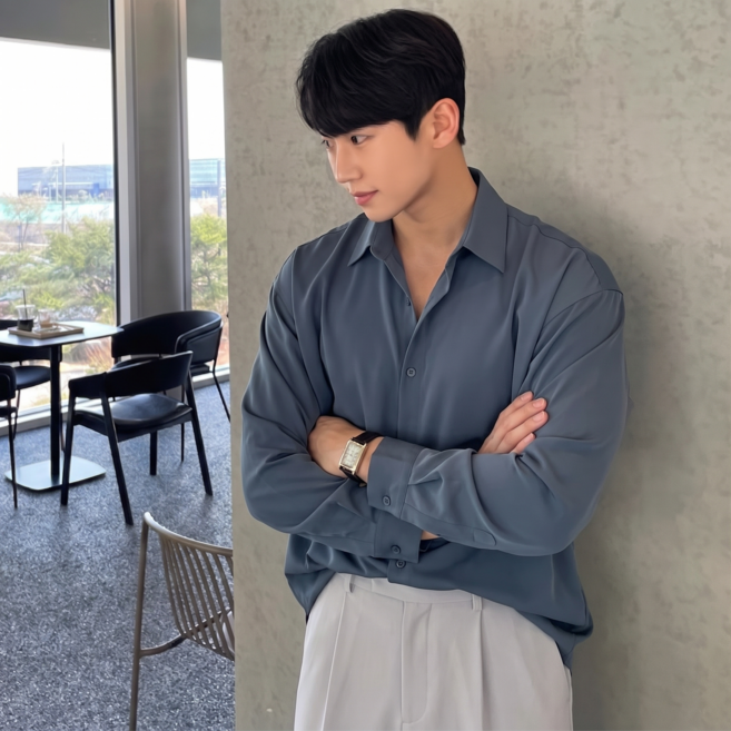 ANNYOU 남성 고급 드레이프 오버핏 긴팔 셔츠 베이직 사계절 캐주얼 데일리 셔츠