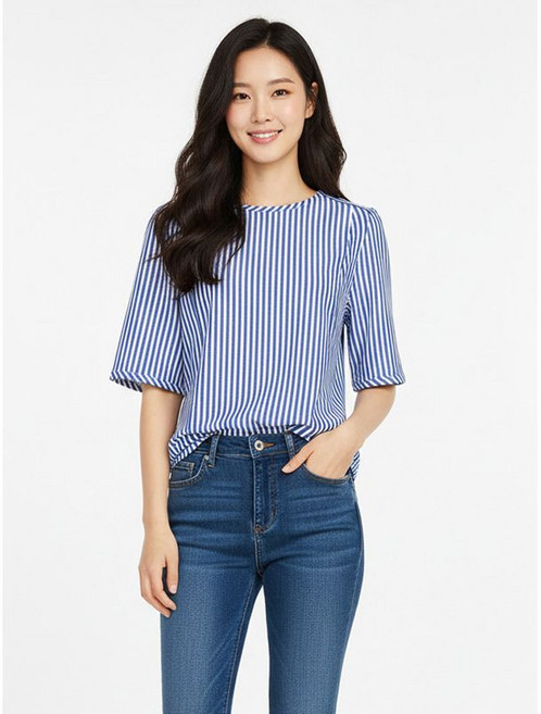 크로커다일레이디 블루 어깨 포인트 스트라이프 라운드 티셔츠 CLCMTS120