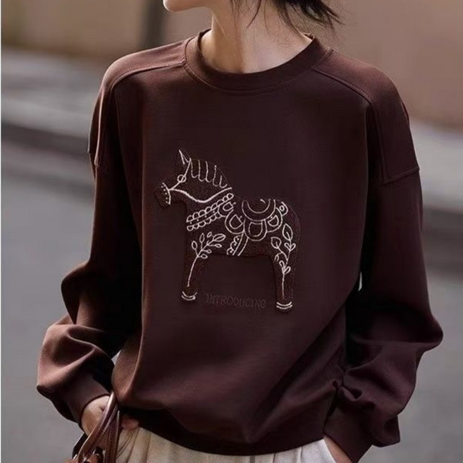 Makone 여성 라운드넥 캐릭터 프린트 캐주얼 심플 데일리 맨투맨