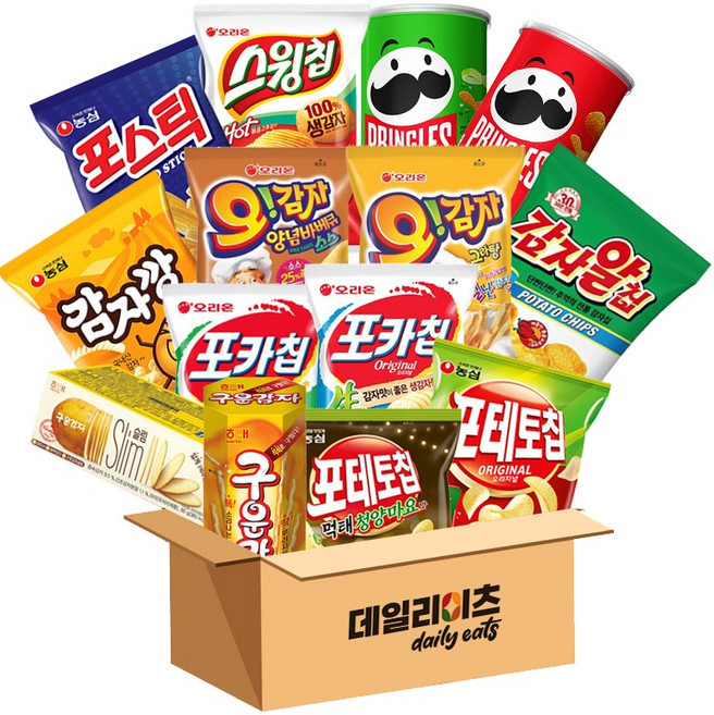 [데일리이츠] BEST 감자과자 스낵 14종 종합세트 (포카칩 포테토칩 스윙칩 감자깡 구운감자 오감자 눈을감자 포스틱 프링글스 등), 1세트, 1호