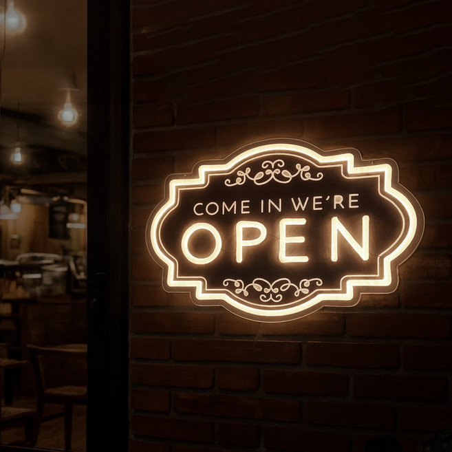 21세기트랜드 잔나 LED 오픈사인 네온간판 영업중 매장 조명 아크릴 OPEN 오픈간판 어댑터, 웜화이트