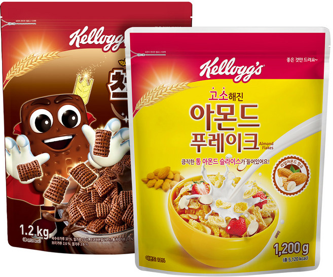 켈로그 시리얼 첵스초코 1200g + 아몬드 푸레이크 1200g 대용량, 1세트, 2.4kg