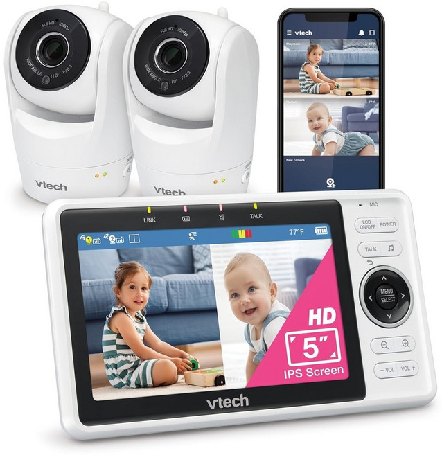 Vtech 스마트 와이파이 베이비 모니터 VM901 5인치 720p 디스플레이 1080p 카메라 HD 나이트비전, VM901-2