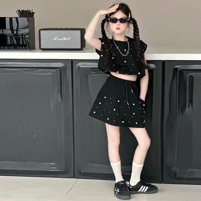 Toruva어린이 반짝이 반팔 티셔츠와 주름 스커트 조합 패셔너블 캐주얼 세트14세 이상