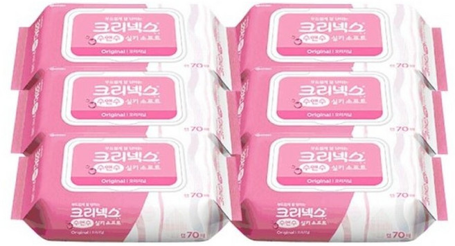 크리넥스 수앤수 실키소프트 물티슈 캡형 70매 x 6입, 43g, 70개
