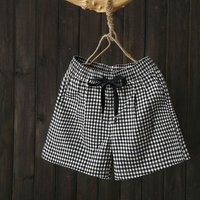 大尺碼短褲 夏季熱褲女 文藝復古闊腿褲休閑格子女士短褲