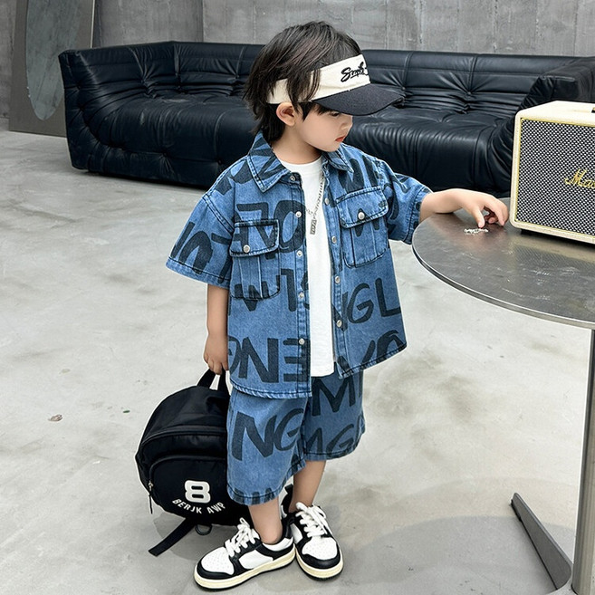 케이유유컴퍼니 키즈남아 가을신상 알파벳 청반팔셔츠 반바지 상하복