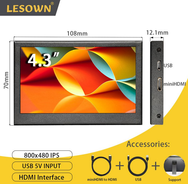 LESOWN 인치 노트북 윈도우 소형 미니 PC 휴대용 디스플레이 IPS 와이드 HDMI 화면 스크린 HD 모니터 800X480 LCD, 없음, 1) 4.3 inch monitor, 1개