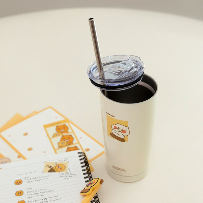 ka 카카오프렌즈 춘식이 빨대 스텐 텀블러 580ml 약 73x178mm 카카오텀블러 슬라이드캡 스트로우 포함, 단품, 단품