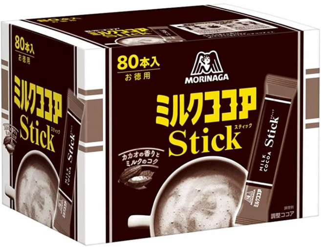 모리나가 제과 일본 밀크 코코아 스틱 80개 아이스 핫 초코 파우더 가루, 1박스, 80개입, 12g