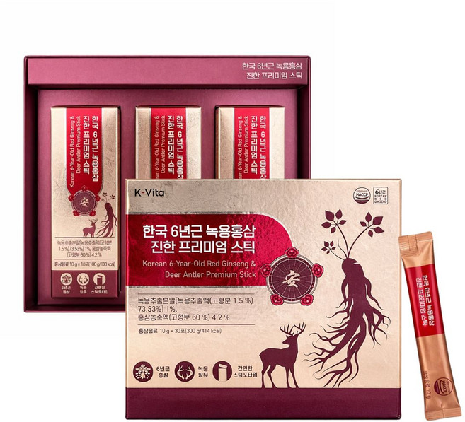 K-비타 한국 6년근 녹용홍삼 진한 프리미엄스틱, 30개, 10g