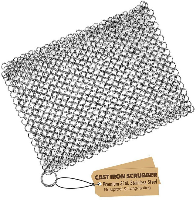 주철 스크러버 316 스테인리스 스틸 프라이팬 클리너 스크레이퍼 체인 메일 스크럽 사전 시즈닝 팬 그리들 BBQ 그릴 및 기타 냄비 조리기구 세척용 - 17.8 x 17.8