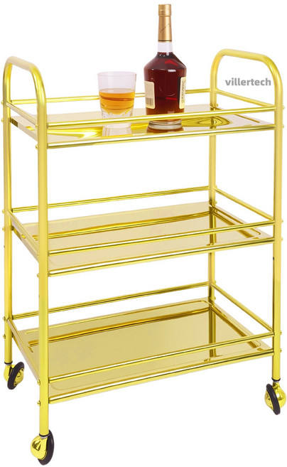 골드 스테인리스강 3단 이동식 멀티 카트 4면 안전가드 - 홈파티 바카트 주방 수납선반 거실 사이드 테이, 골드 색상