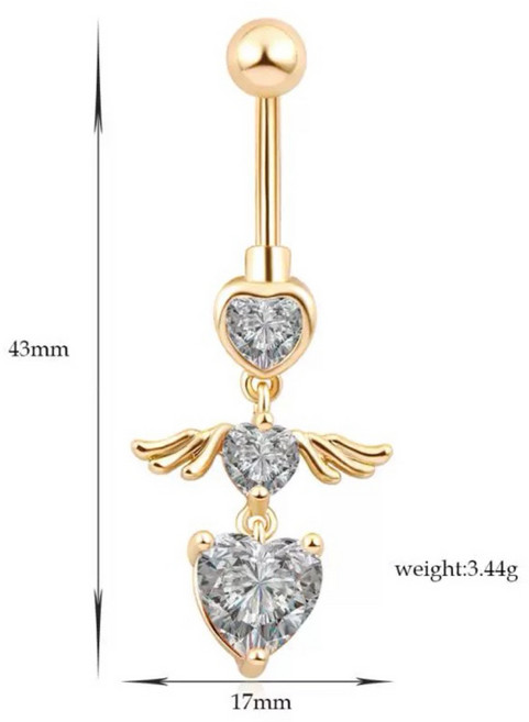 愛心翅膀肚臍環 醫用鋼材質 精緻心形鋯石 天使翅膀設計, 1個, 現貨-黃金白鋯