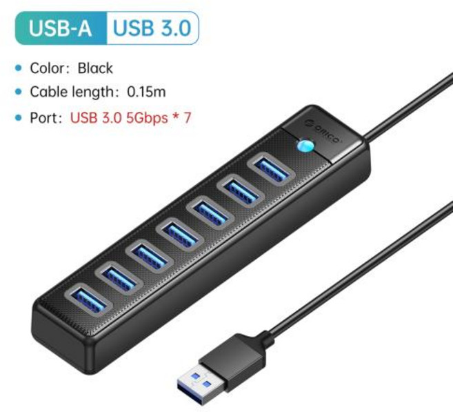 ORICO 고속 전송 C 타입 USB 30 허브 7 포트 분배기 노트북 확장 컴퓨터 액세서리, 01 USB A 7 Port 15CM