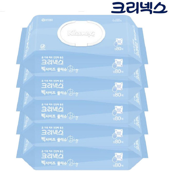 크리넥스 빅사이즈 피부에 편한 물티슈 캡80매 x5개, 45g, 80매, 5개