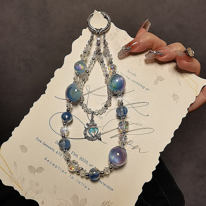 숑숑마녀 하트 큐빅 오로라 블루 비즈 핸드폰 스트랩 핸들폰장식 키링 핸드폰줄 악세서리 크리스탈스트랩, 1개