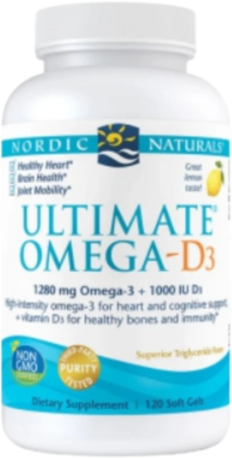 Nordic Naturals 얼티메이트 오메가-D3 1280 mg EPA 650DHA 450 + 1000 IU 비타민 D3 레몬 맛 120젤, 120정, 1개 - 쿠팡