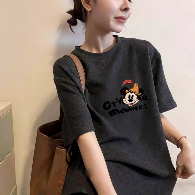 여성 레트로 스타일 티셔츠 라운드넥 반팔 루즈핏 타이트한 탑 캐주얼웨어 폴리에스터 원단 여름