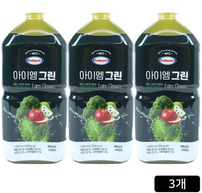 [홈쇼핑] 보넬드 아이엠 그린주스 100% NFC 착즙주스, 3개, 1L