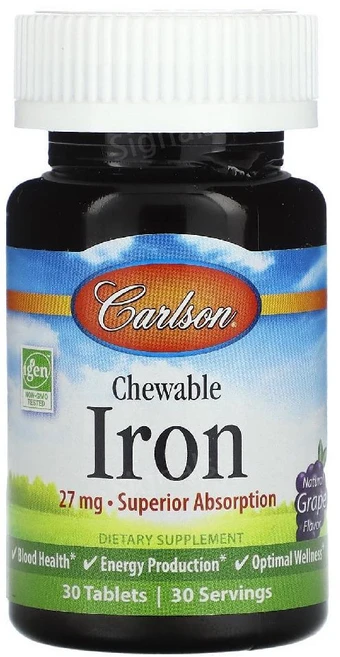 칼슨 아이언 철분 포도맛 27mg 30츄어블 글리시네이트 킬레이트 Iron, 30정, 1개 - 쿠팡