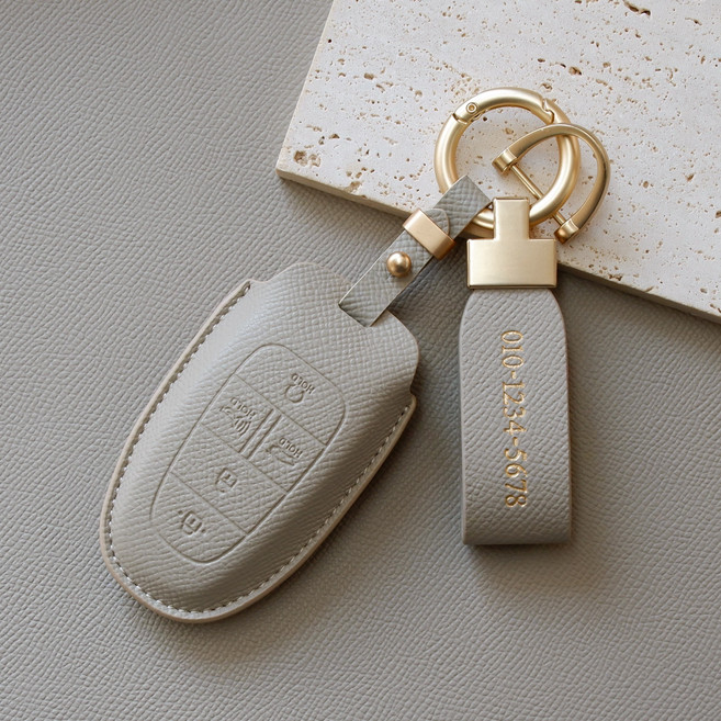 (무료각인)트니르 현대 호환 쏘나타DN8 더뉴그랜저 더뉴싼타페TM 더올뉴투싼NX4 넥쏘 스타리아 더뉴팰리세이드 차 키케이스 가죽 + 키링 차량용품 키홀더, 현대B타입(5버튼), 에토프그레이