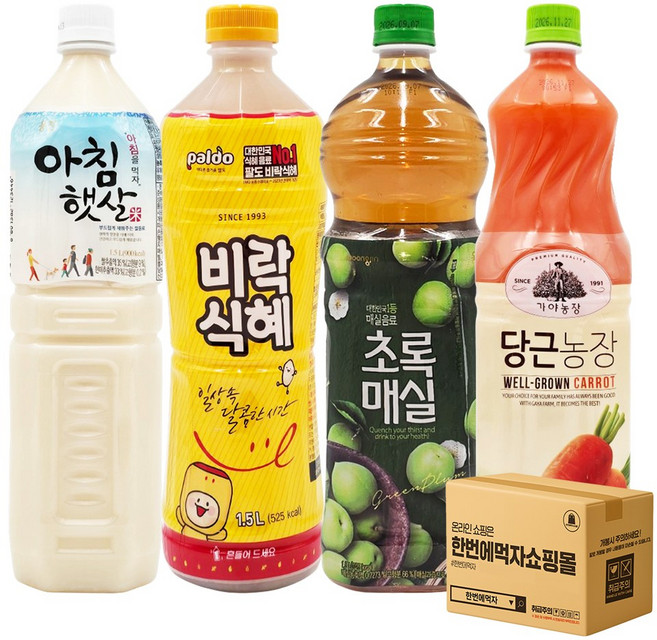 [한번에먹자] 대용량 음료수 혼합세트 / 가야 당근농장 + 비락식혜 + 초록매실 + 아침햇살 / 각1개씩 총4페트, 1세트, 1.5L