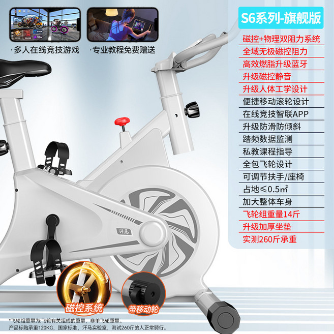 動感單車家用室內磁控運動健身自行車減肥超靜音健身器材, 1個, 1cm, 【s6旗艦版-白】整車加粗+移動輪+14斤飛輪組+物理/磁控:無規格