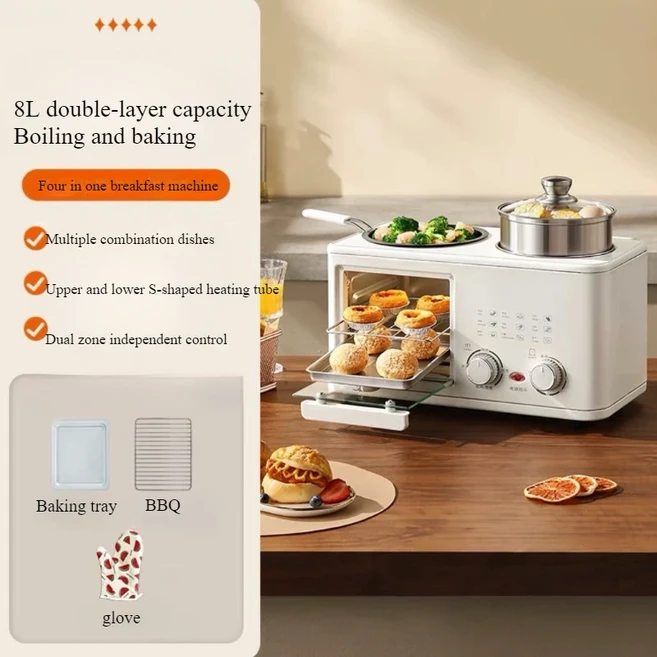 다기능 4 in 1 가정용 전기 아침 식사 기계 토스터 프라이팬 미니 오븐 빵 피자 메이커 찜기 끓는 냄비, 04 White with steamer