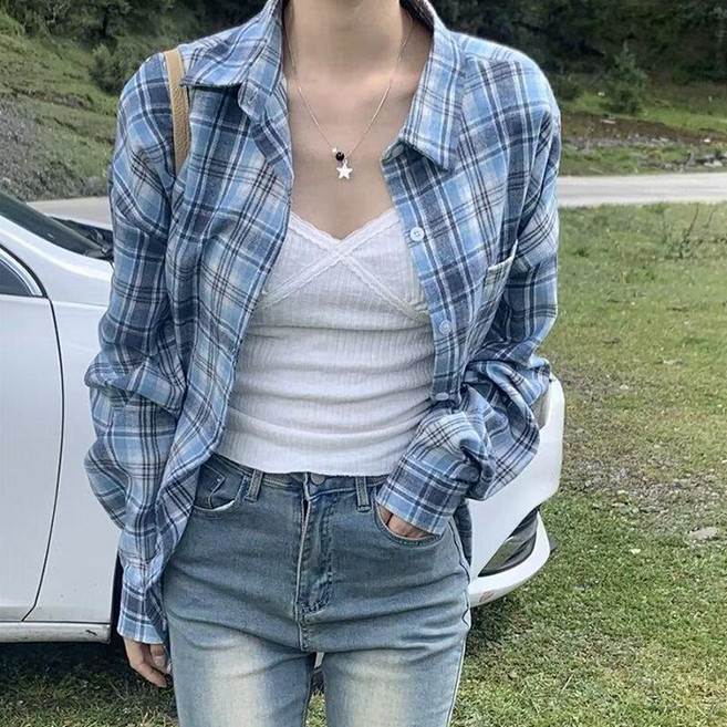 cammello 살안타템 오버핏 타탄 포켓 블루 체크 셔츠 간절기 남방