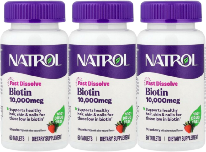 바이오틴Natrol 비오틴 BIOTIN 딸기맛 10000mcg 빠른용해, 3개, 60정