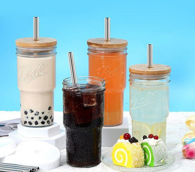 無品牌 玻璃梅森杯 冷萃咖啡吸管杯 750ml 飲料杯 帶蓋, 1個, 750ml 兩杯+吸管刷+木蓋+吸管