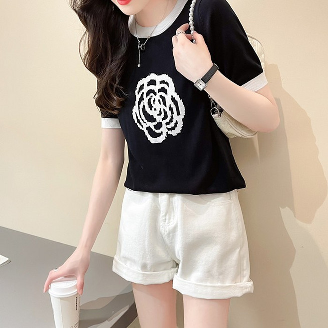 주디앤 여성 로사 배색 반팔 니트 티셔츠