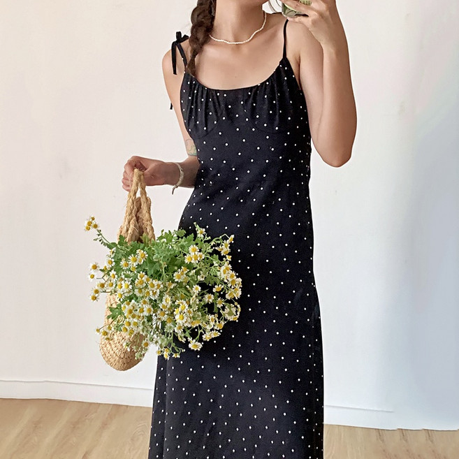 예쁨시전 여리 도트 리본 끈나시 롱 원피스