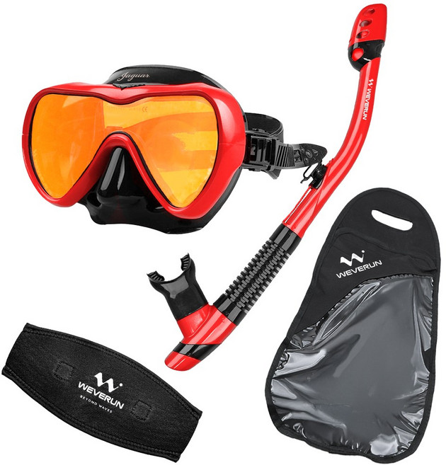 위베런 재규어 스노클링 마스크 세트 미러렌즈 자외선차단 + 머리엉킴방지 스트랩커버 + 투명파우치, UV 스칼렛레드 세트