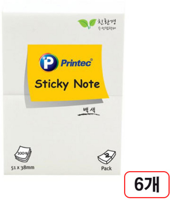 프린텍)스티키노트 파스텔(51x38mm/100매), 6개, 흰색(5138W)